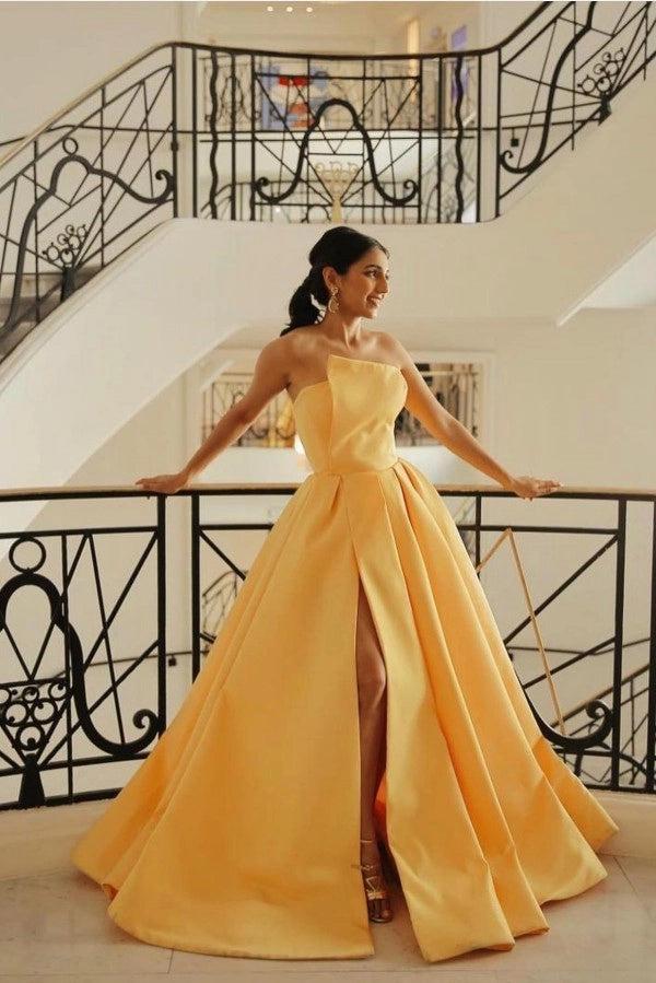 Yellow Satin Ball Gown Prom Dress Strapless Pleated Corset Back