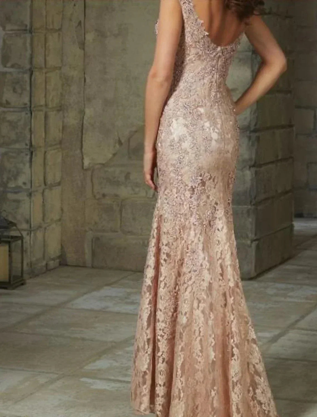 Vestido de Festa Sereia Elegante Floral para Convidada de Casamento Vestido Formal de Noite Decote Redondo Sem Mangas Comprimento Até ao Chão em Renda com Padrão / Estampa com Inserção de Renda