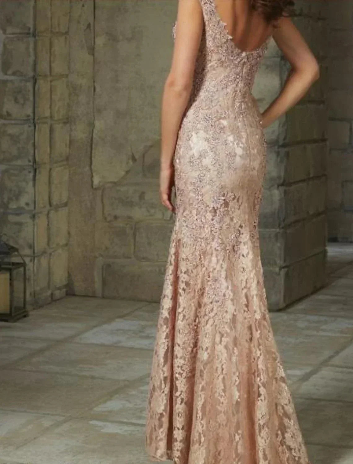 Vestido de Festa Sereia Elegante Floral para Convidada de Casamento Vestido Formal de Noite Decote Redondo Sem Mangas Comprimento Até ao Chão em Renda com Padrão / Estampa com Inserção de Renda